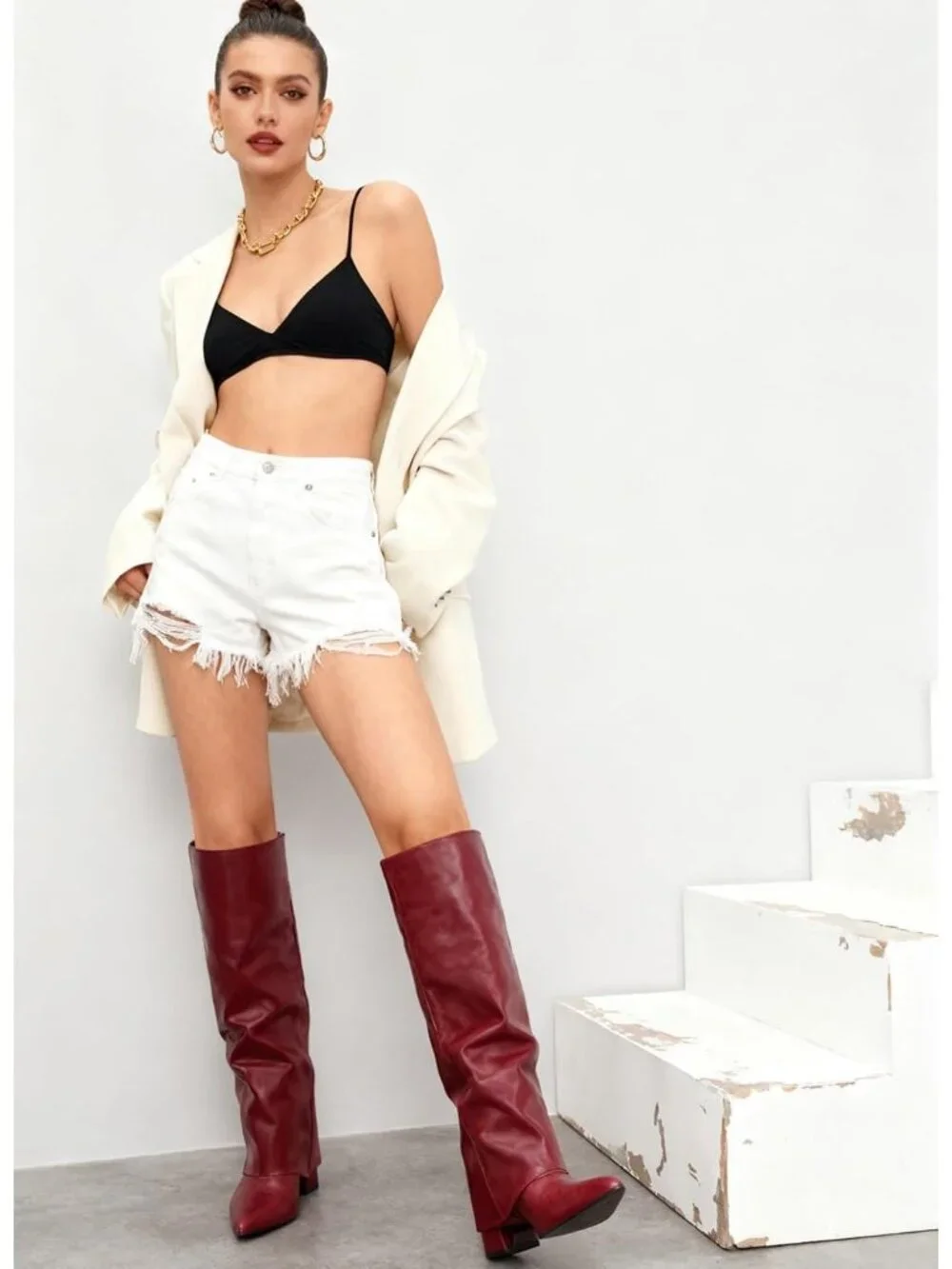 Women's Red Pointed Toe Faux Leather Chunky Heel Fold Over Knee High Boots